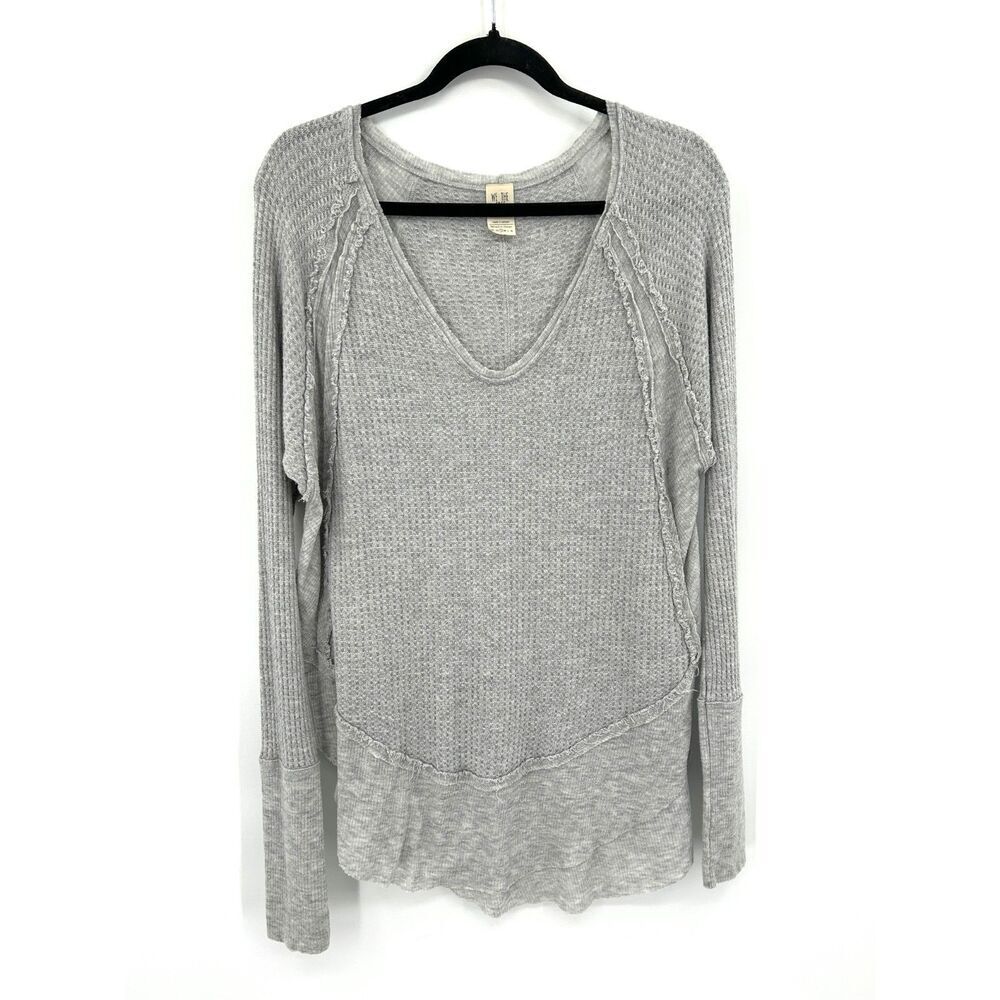FREE PEOPLE We The Free Gray Catalina V-Neck Oversized Thermal Top Size Small